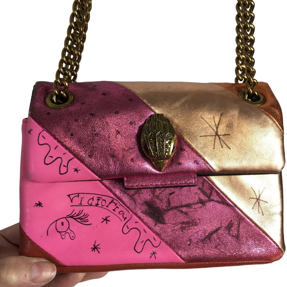 Kurt Geiger Mini Kensington Bag Crossbody Pink Gold Upcycled Graffiti